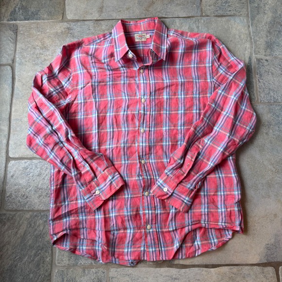 Faherty Linen Laguna Shirt Coral Seas Plaid Medium 100% Linen Mens Resort Casual - Picture 3 of 7